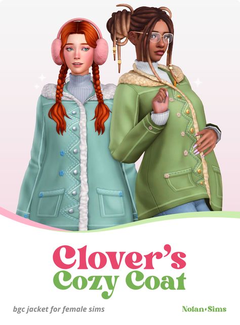 Clover's Cozy Coat | Patreon Female Sims, Cottagecore Clothes, Sims 4 Mm Cc, Sims 4 Mm, Sims Four, Sims4 Clothes, Cozy Coats, Sims 4 Cc Packs, Best Sims