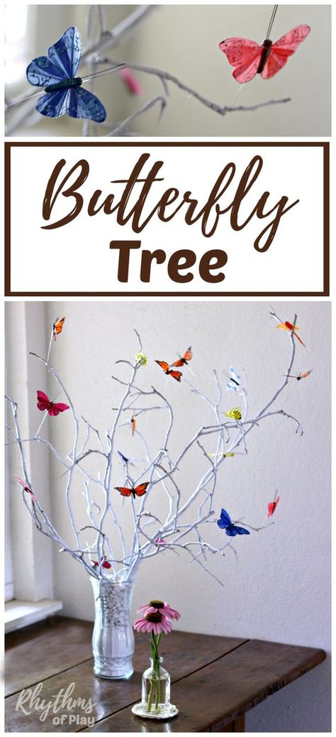 A DIY butterfly tree centerpiece is an easy craft that makes a lovely addition to your home decor or summer nature table. Tree Centerpiece, On The Wings Of Love, Butterfly Tree, Tree Centerpieces, Martha Stewart Crafts, Diy Butterfly, Blanket Diy, Diy Simple, Nature Table