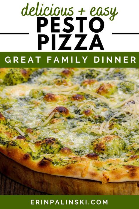 This easy pesto pizza is one of my favorite family friendly dinner options. It's a simple pizza recipe that uses just a few ingredients. Plus, there's an idea for a healthy ranch dipping sauce! Pesto Pepperoni Pizza, Pesto Sauce For Pizza, Pizza With Pesto Sauce, Pesto Pizza Ideas, Homemade Pesto Pizza Recipe, Pesto Pizza Toppings, Simple Pizza Recipe, Pesto Pizza Sauce, Pesto Flatbread Pizza