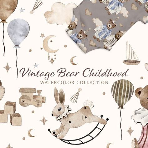 Vintage Watercolor Bear Nursery Art Newborn Watercolor, Bear Nursery Art, Watercolor Teddy Bear, Teddy Bear Vintage, Baby Watercolor, Bear Poster, Baby Toys Newborn, Vintage Nursery Decor, Bear Clipart