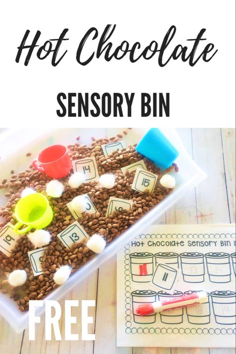 Hot chocolate sensory bin- counting marshmallows Hot Chocolate Sensory Bin, Hot Chocolate Sensory, Hot Cocoa Sensory Bin, Hot Chocolate Printable, December Centers, January Themes, Centers Preschool, Chocolate Names, January Preschool