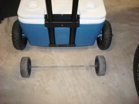 change the wheels "I needed bigger wheels on my cooler to be able to use it on the beach and carry some extra stuff on top of it for camping." Beach Cooler, 1000 Lifehacks, Diy Cooler, Bike Challenge, Beach Vacation Packing List, Beach Hammock, Camping Coolers, Beach Cart, Packing List For Vacation