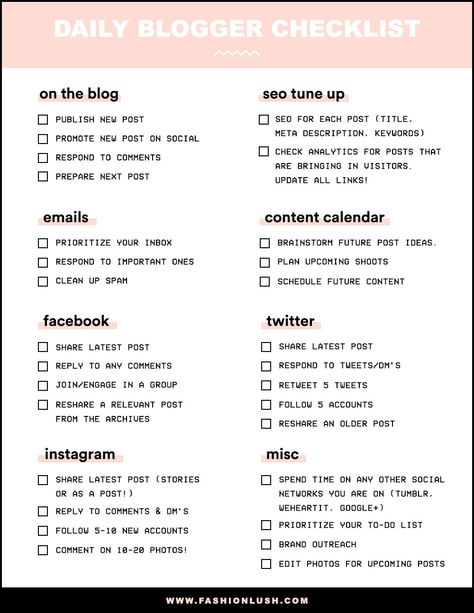 Blog Checklist For Beginners, Social Media Daily Checklist, How To Start A Blog On Instagram, Daily Blog Post Ideas, Daily Business Checklist, Starting A Blog Checklist, How To Write A Blog Post, Influencer Checklist, Blog Structure