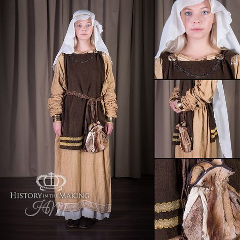 Saxon Women's Costume. Brown over Cream. Saxon Woman, Saxon Clothing, Anglo Saxon Clothing, Medieval Fantasy Clothing, Saxon History, Fashion Through The Decades, Aged Clothing, Wrap Dress Pattern, Cosplay Inspo