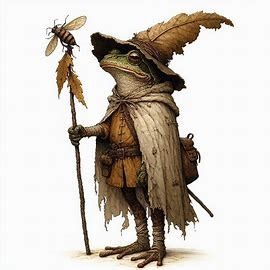 A captivating watercolor illustration by Damien Hirst, inspired by the works of Quentin Blake, Alberto Vargas, and Zdzislaw Beksinski, depicts a charming and whimsical anthropomorphic frog dressed as a medieval adventurer or wanderer. The frog, standing upright with a side view, wears a large leafy hat, a tattered feathered cloak, and simple earth-toned garments. Holding a staff adorned with a buzzing insect, it exudes a dark fantasy atmosphere. The detailed, imaginative art - Image Creator from Medieval Adventurer, Feathered Cloak, Frog Standing, Frog Dress, Zdzisław Beksiński, Almaty Kazakhstan, Frog Illustration, Quentin Blake, A Staff