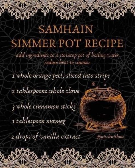 Samhain Oil Recipe, Simmer Pot How To, Simmer Pot Recipes For Sickness, Rituals For Samhain, Simmer Pot Samhain, New Year Simmer Pot Spell, Witches Simmer Pot Recipes, Mabon Simmer Pots, Witchy Simmer Pots