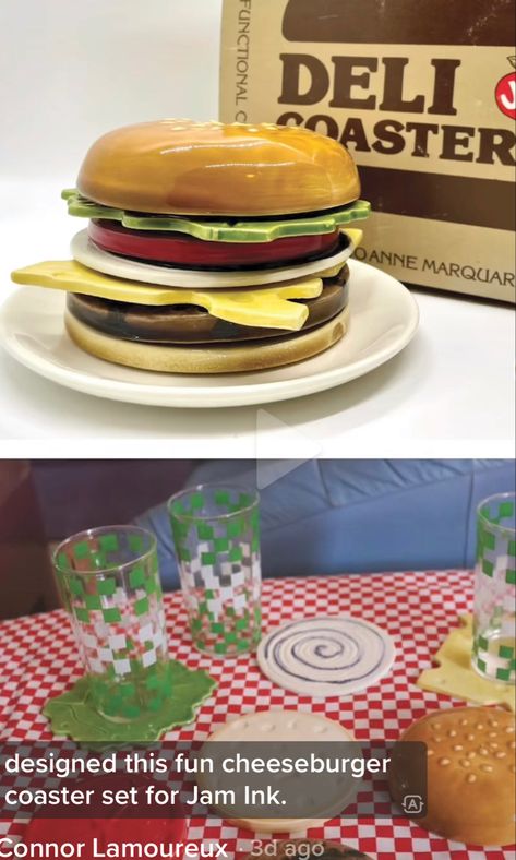 Cheeseburger Coaster Set, Hamburger Coaster, Polymer Art, Scrapbook Book, Play Clay, Clay Crafts Air Dry, Ceramic Coasters, Upcycled Crafts, Cute Room Decor