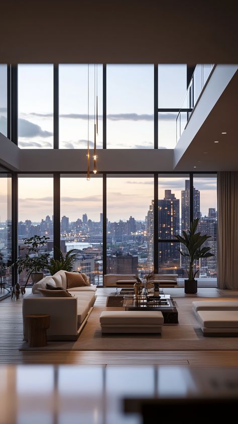 Modern Skyline View Apartment Nyc Skyrise Apartment, Skyline View Apartments, Modern Apartment White, Seattle Loft Apartment, Chicago Penthouse Aesthetic, Toronto Condo Aesthetic, Cozy Penthouse Apartment, Penthouse Apartment Living Rooms, Manhattan Apartment Aesthetic