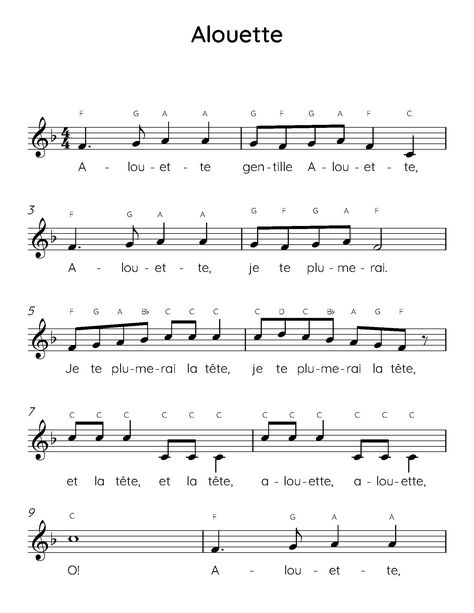 "\"Alouette\" easy piano sheet music with letters and lyrics is perfect for beginner piano players." Piano Letters Songs, Sheet Music With Letters, Note Making, Piano Sheet Music Letters, Reading Sheet Music, Easy Sheet Music, Piano Notes Songs, Music Letters, Letter Names