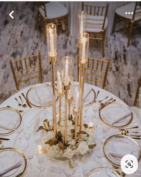 Tall Gold Candle Centerpiece, Tall Candle Sticks Wedding, Gold Candle Centrepiece, Gold Columns Wedding, Wedding Tall Candle Centerpieces, Candle Based Centerpieces, High Candle Centerpieces Wedding, Tall Candleabra Wedding Centerpieces, Clear Candelabra Centerpiece