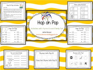 Hop on Pop Rhyming Activity Pack {a blog freebie}  This might be just the thing for letter Oo next week! Hop On Pop Preschool Activities, Hop On Pop Activities, Kindergarten Rhyming, Rhyming Kindergarten, Alliteration Activities, Dr Seuss Classroom Door, Centers In Kindergarten, Literacy Bags, Dr Seuss Classroom