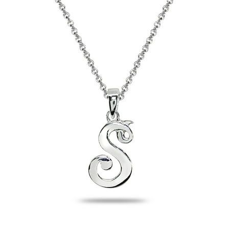 Wear this stylish pendant necklace to enhance your daytime and evening attire. This classic initial features a polished script alphabet letter, perfect as a dainty necklace for all. This letter pendant necklace dangles from an 18-inch rolo chain and secures with a spring ring clasp. They are crafted of fine sterling. This trendy necklace in fine jewelry is a great addition to your sterling silver jewelry and personalized jewelry collections. It can be purchased as gifts for women, teens and girl Sterling Silver Letter Necklace For Personalized Gift, Silver Initial Pendant Necklace With Letter Print, Nickel-free Sterling Silver Initial Pendant Jewelry, Nickel-free Sterling Silver Initial Pendant Charm Necklace, Silver Nickel-free Initial Pendant Charms, Tiny Necklace, Alphabet Jewelry, Letter Pendant Necklace, Trendy Necklaces