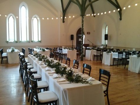 Banquet dinner in the West Hall. Enoch Turner Schoolhouse Schoolhouse Wedding, Wedding Florals, Floral Wedding, Conference Room, Conference Room Table, Wedding Venues, Weddings, Floral, Furniture