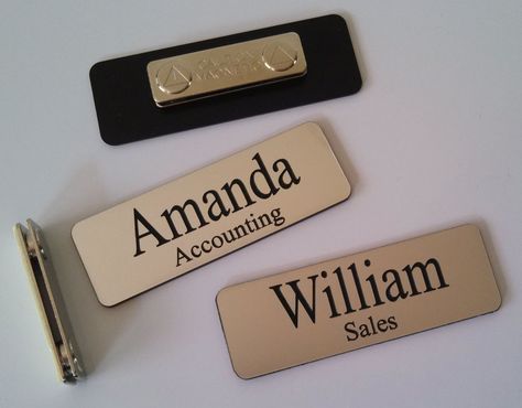 Custom Employee Name Tag smth Silver w Corner Rounds & magnet attachment 1" x 3" #CustomEngraved Magnetic Name Tags, Restaurant Uniform, Event Badges, Office Board, Name Tag Design, Spa Uniform, Employee Uniform, Office Idea, Desk Plaques