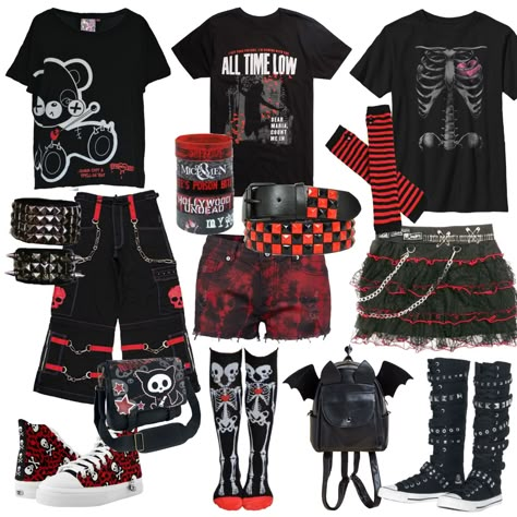 Emo Capsule Wardrobe, Emo Bands Aesthetic, Scene Punk Outfits, Scene Outfit Inspo 2000s, Scenemo Outfits 2000s, Scene Clothing Ideas, Emo Outfit Board, Red Scene Outfits, Emo Outfit Ideas 2000s