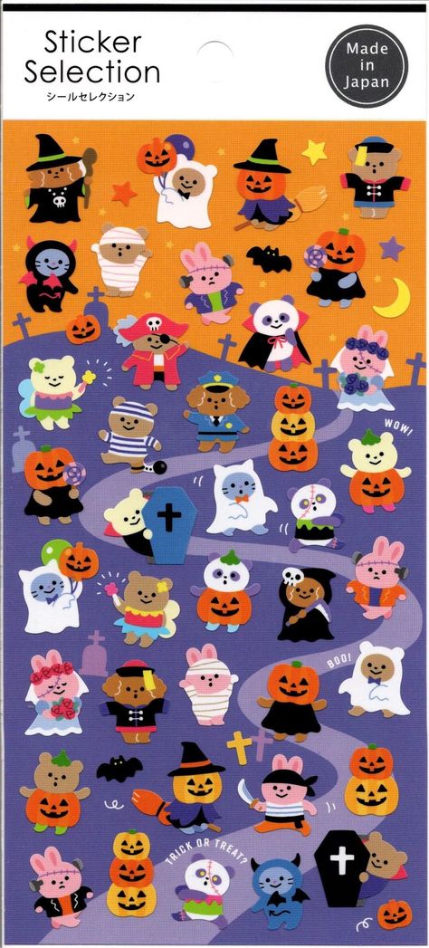 Here are some lovely stickers with cute Halloween characters on them :) Made in Japan. Like this series of stickers? See what other stickers I have available here: https://www.etsy.com/shop/stickers2please?search_query=gaia This listing is for one sheet of stickers, 90mm x 175mm in size. Love my stickers?  See what else I have in stock here: stickers2please.etsy.com Worldwide flat rate shipping is applicable for all orders from stickers2please :)  ★MULTIPLE SHOP COMBINED SHIPPING ANNOUNCEMENT★ Halloween Sticker Sheet, Halloween Sticker Ideas, Halloween Stationary, Cute Halloween Characters, Halloween Japan, Shopping Stickers, Japan Halloween, Japanese Halloween, Witch Stickers