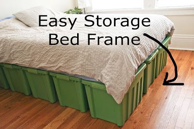 Bed frame using storage bins... interesting way to maximize space! Diy Bed Frame With Storage, Making A Bed Frame, Diy King Bed Frame, Plastic Cupboard, Rubbermaid Storage, Milk Crate Storage, Twins Bedroom, Storage Bed Frame, Diy Storage Rack