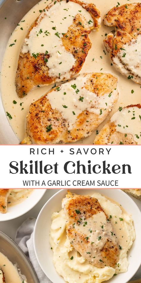 Healthy Chicken With Sauce, Minute Chicken Recipes, Mashed Cauliflower Dinner Ideas, Chicken Dinner Recipes With Mashed Potatoes, Chicken Cutlets And Mashed Potatoes, Recipes To Go With Mashed Potatoes, Creamy Chicken Mashed Potatoes, Garlic Chicken And Mashed Potatoes, Chicken In Heavy Cream Sauce