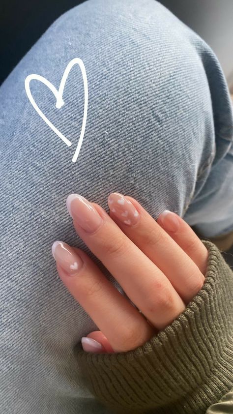 Minimal Nails Design Almond, Valentines Day Nails White Heart, Cute Nails Acrylic Neutral, Small Round Nails Ideas, Natural Valentines Nails Almond, White Hearts On Nails, Clean Girl Nails Valentines, Soft Girl Valentines Nails, Natural Almond Nails Designs Simple