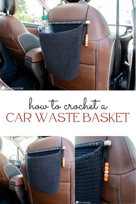 Crochet Room Set Up, Crochet Patterns For Car Accessories, Things To Sew For Your Car, Diy Crochet Car Accessories, Crochet Car Garbage Bag, Crochet Rv Free Pattern, Free Crochet Organizer Patterns, Car Waste Basket Diy, Crochet Car Trashcan