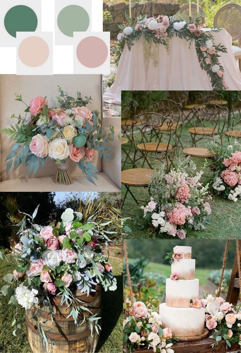 Dusty Pink and Sage Wedding Theme Inspiration #wedding #weddingideas #weddinginspiration #weddingdesign #weddingcolorschemes #dustyrose #dustypink #dustypinkwedding #flowers #weddingcake #weddingflowers #weddingreceptionideas Blush Sage Wedding Color Schemes, Green Pink White Wedding Color Schemes, Sage Gold And Pink Wedding, Sage Green And Rose Gold Wedding Invitations, Fall Wedding Blush And Sage, Sage Green White Pink Wedding, Pink Green And Gold Wedding Theme, Mauve Pink And Sage Green Wedding, Sage Green And Dusky Pink Wedding