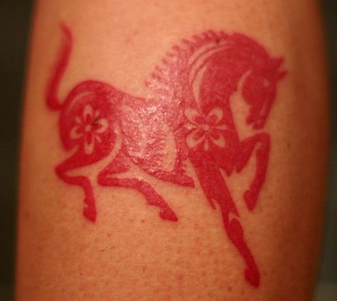 Red ink horse tattoo Horse Symbol Tattoo, Equine Tattoos Simple, Year Of The Horse Tattoo, Horse Outline Tattoo, Equestrian Tattoo, Equine Tattoo, Pony Tattoo, Wheat Tattoo, F Tattoo