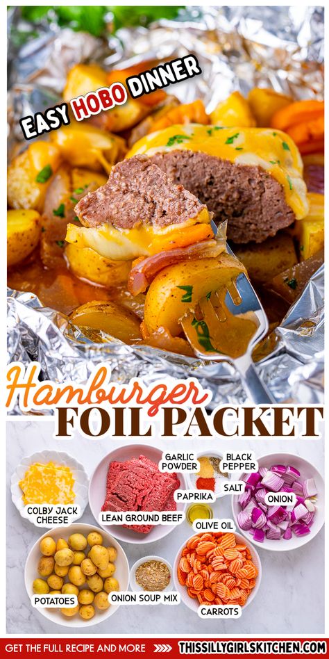 hamburger foil packet Dinner Foil Packets, Hobo Meals, Hobo Dinner Recipes, Hamburger Dinner, Hobo Dinner, Foil Packet Dinners, Foil Dinners, Foil Pack Meals, Foil Packet Meals