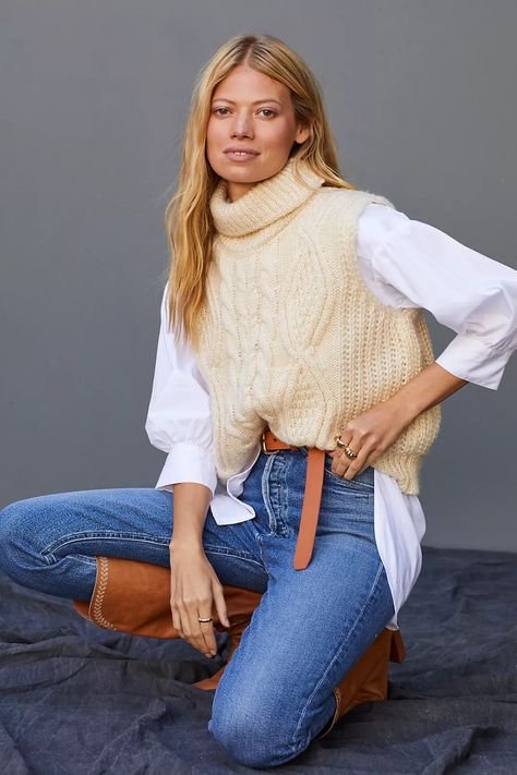 Styling Turtlenecks, Turtleneck Sweater Vest, Knit Vest Outfit, Vest Outfits For Women, Sweater Vest Outfit, Sleeveless Turtleneck Sweaters, Cable Knit Vest, Turtleneck Outfit, Anthropologie Uk