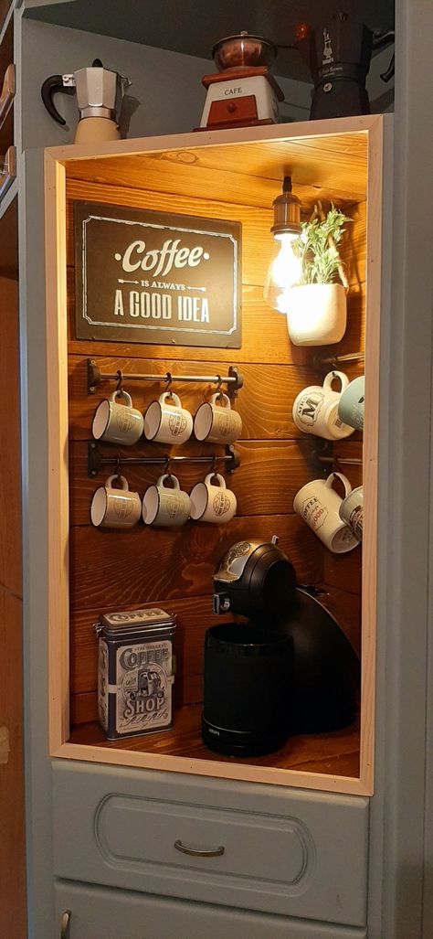 Cubby Coffee Bar, Diy Coffee Bar Corner Cabinet, Corner Coffee Bar Ideas Diy, Corner Cabinet Coffee Bar Ideas, Corner Cabinet Coffee Station, Corner Shelf Coffee Bar, Corner Coffee Cabinet, Corner Hutch Coffee Bar, Coffee Bar Corner Ideas