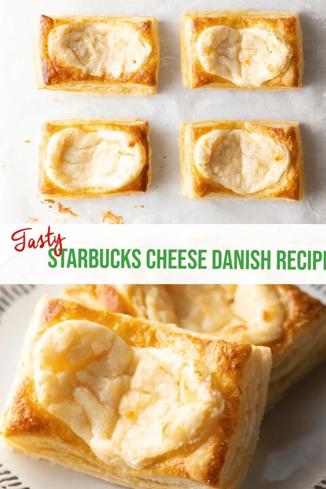 Starbucks Cheese Danish (Easy Copycat Recipe!) - Skip the coffeeshop and make a batch of super flaky, gooey, and delicious cream cheese danishes with a hint of lemon right at home! | A Spicy Perspective Starbucks Cream Cheese Danish Recipe, Easy Pastry Recipes Desserts, Puff Pastry Recipes Cream Cheese, Cheese Danish With Crescent Rolls, Starbucks Cheese Danish Recipe, Starbucks Cheese Danish, Cream Cheese Danishes, Basic Cheesecake, Cheese Danishes