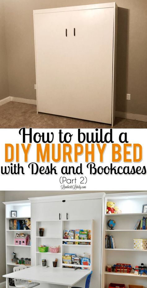 This DIY murphy bed with desk and bookcase combo is all made from inexpensive pieces! Includes Ikea Billy Bookcases and full plans for adding to your guest bedroom, office, or craft room. #diy #murphybed #bedroom #smallspaces #homedecor #furniture Murphy Bed With Desk, Diy Murphy Bed, Build A Murphy Bed, Simple Bed Designs, Guest Bedroom/office, Billy Bookcases, Murphy Bed Ikea, Murphy Bed Desk, Ikea Bookcase