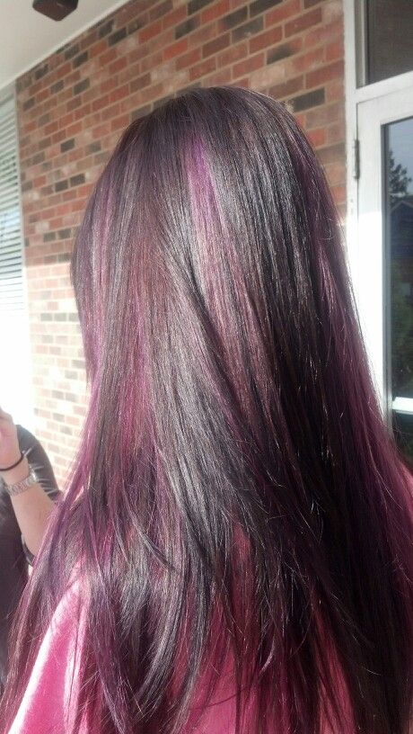 Purple streaks :) Skunk Streak Hair Purple, Dark Purple Highlights Light Brown Hair, Dark Purple Hair Streaks, Purple Highlights Brown Hair Straight, Subtle Dyed Hair, Purple Streaks In Black Hair, Purple Streaks In Brown Hair, Subtle Pink Hair, Brown Hair With Purple Highlights