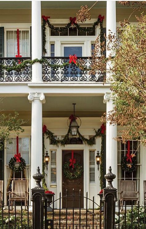 Deck the Halls with Bells of holly......Garden District at Christmas Time. Bevolo French Quarter Lantern on Yoke Bracket. New Orleans Christmas, Lush Christmas, Southern Christmas, Southern Lady, New Orleans Homes, Christmas Porch Decor, Hanging Wreath, Christmas Porch, Merry Little Christmas