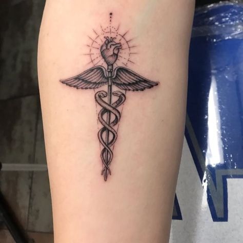 Caduceus Tattoo Nurse, Medical Tattoos For Women, Medicine Tattoo Ideas, Drew Tattoo, Medicine Tattoo, Nursing Tattoos, Atomic Tattoo, Medical Tattoos, Caduceus Tattoo