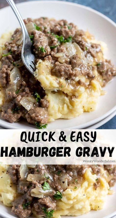 This Easy Hamburger Gravy Recipe is a quick, inexpensive  dinner idea that is perfect for chilly winter nights. Gravy made with ground beef tastes great over mashed potatoes, rice or pasta. #hamburgerrecipes #dinnerrecipes #easydinnerrecipes #dinnerideas #gravyrecipes #beefrecipes Easy Hamburger Gravy, Hamburger Gravy Recipe, Expensive Dinner, Hamburger Dinner Ideas, Hamburger Gravy, Hamburger Dishes, Inexpensive Dinners, Over Mashed Potatoes, Ground Beef Recipes Healthy