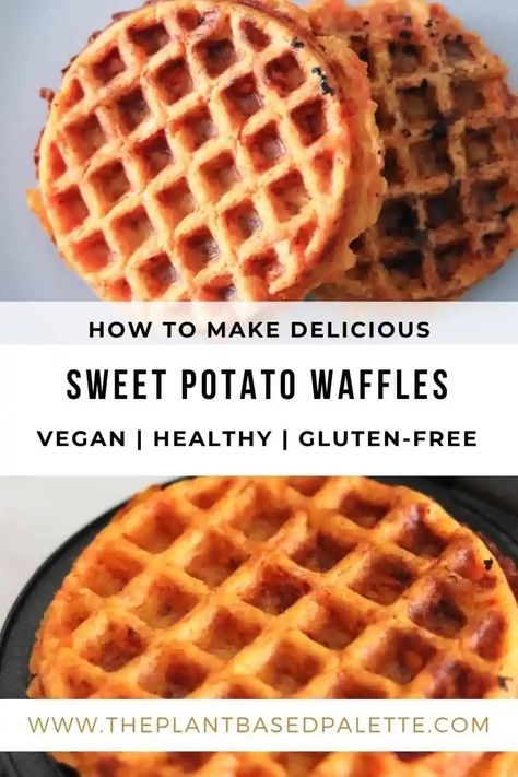 This savory sweet potato waffles is vegan, easy, delicious and gluten-free. This waffle recipe only requires a few simple ingredients. These savory waffles makes for a perfect plant-based base to hold whatever toppings you so choose. They make for a great whole food plant-based breakfast, lunch or dinner. This recipe is very versatile and pairs well with many different flavors from sweet to savory. Potato Waffle Recipe, Waffle Sandwich Breakfast, Gluten Free Sweet Potato, Vegan Waffles, Potato Waffles, Waffle Maker Recipes, Savory Waffles, Sweet Potato Waffles, Yummy Sweet Potatoes