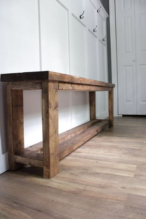 Diy Front Entrance Bench, Diy Wood Bench With Shoe Storage, Diy Entry Shoe Bench, Diy Bench With 2x4, Diy End Of The Bed Bench, Boho Bench Diy, Easy Diy Builds, Diy Long Wood Bench, Pallet Entryway Bench