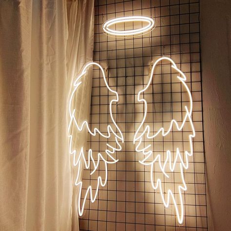 Angel Wing Neon Sign, Light Up Signs Aesthetic, Neon Light Signs Bedroom, Angel Wings Cartoon, Angel Wings Neon Sign, Wings Neon Sign, Neon Signs For Bedroom, Wings And Halo, Home Game Room