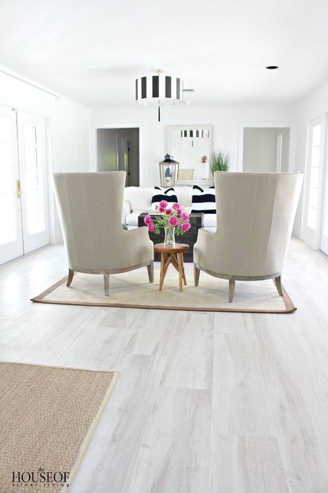 Cheap Wood Flooring, White Laminate Flooring, White Vinyl Flooring, House Of Silver Lining, White Wood Floors, Living Room Tiles, Cottage Renovation, Coastal Living Rooms, Luxury Vinyl Plank Flooring