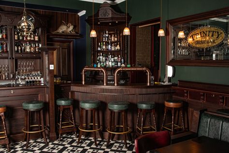 Irish Bar Ideas Pub Design Basement, Pub Inspired Dining Room, Irish Pub Interior Furniture, Irish Basement Bar, Dark Green Pub Interior, Irish Pub Man Cave, Micro Pub Interior, Irish Pub Home Bar, London Pub Aesthetic Interior