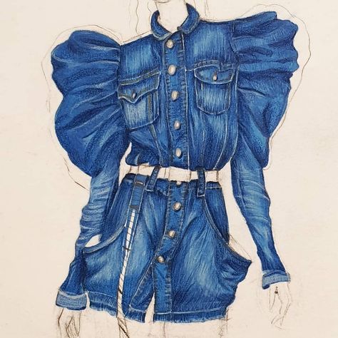 Denim Rendering Illustration, Denim Drawing Fashion Illustrations, Denim Rendering, Garments Illustration, Denim Sketch, Denim Fashion Illustration, Fabric Rendering, Kemeja Denim, Fashion Illustration Portfolio