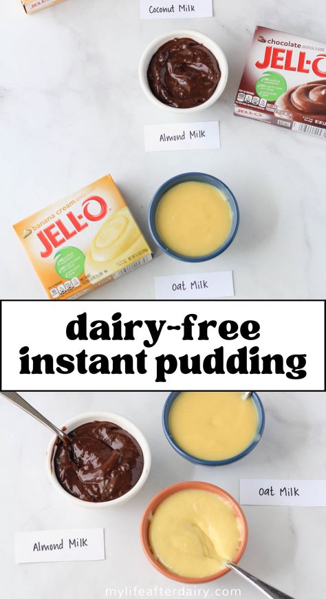 Experience joy in every bite with our simple guide on crafting dairy-free instant pudding. This tutorial will not only teach you how to make delicious and creamy dairy-free milk, but will also demystify the process of whipping up dairy-free instant pudding. Start learning today and make your dairy-free dessert creation as easy as 1-2-3. This guide will walk you through the measurements for making instant pudding with dairy-free milk like oat milk, almond milk, and coconut milk. Dairy Free Jello Pudding, Almond Pudding Recipe, Dairy Free Cool Whip, Instant Pudding Recipes, Almond Milk Pudding, Dairy Free Dessert Easy, Coconut Milk Pudding, Dairy Free Pudding, Frozen Pudding