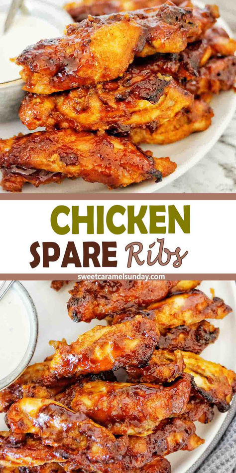 Chicken ribs on white plate with small bowl of sauce. There is text written between 2 images. Chicken Ribs Recipe, Chicken And Ribs, Ribs Recipe Oven, Chicken Ribs, Baked Recipe, Rib Sauce, Oven Baked Recipes, Seasoned Veggies, Poultry Dishes