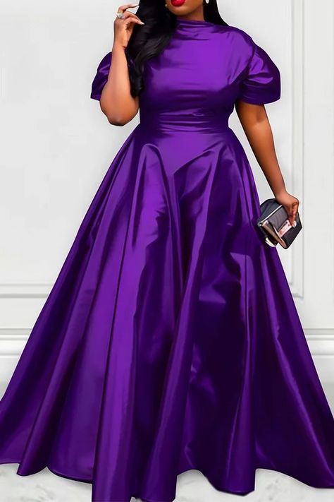 Plus Size Formal Dresses | Maxi Midi Dresses | Xpluswear Satin Clothes Outfit, Purple And Silver Outfit, Purple Dress Formal, Purple Plus Size Dresses, Plus Size Semi Formal, Brocade Styles, Dresses Elegant Short, Purple Dress Outfits, African Print Wedding Dress