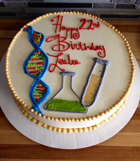 Biology Birthday cake with DNA and Test tubes Cake For Biology Teacher, Biology Theme Cake, Biology Birthday Cakes, Biology Themed Cakes, Biology Cake Ideas, Microbiology Cake, Biology Cookies, Dna Cake, Biology Cake