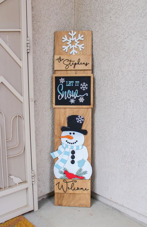 Decorate your front porch for Christmas and all winter with our cute snowman set that goes in our interchangeable porch leaner base! This set features a snowflake on top, a sign in the middle that says "Let It Snow" and a cute snowman and red cardinal at the bottom. If you like doing crafts, you can get this unpainted and decorate it yourself! Once you have the Back Board with the Base Kit, you change the theme out easily with any of our other kits!    DROP DOWN MENU DETAILS:  * Unfinished Kit O Interchangeable Porch Sign, Snowman Signs Wooden, Winter Signs Wooden, Winter Porch Signs, Christmas Porch Signs, Winter Welcome Sign, Winter Porch Decor, Porch Leaners, Wood Front Door