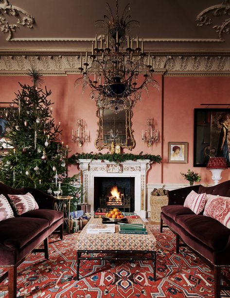 At Christmas, Studio Indigo founder Mike Fisher thinks nothing of entertaining 50 people at Ven, his eighteenth-century country house in Somerset Holiday Living Room, Elegant Christmas Decor, Christmas Interiors, Christmas Living Rooms, Elegant Christmas, Scandinavian Interior, Country Christmas, Drawing Room, Tree Decoration