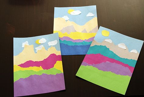 Torn Paper Landforms for Earth Science. What an awesome idea to put some color in the classroom after learning about landforms. This would be a great way to get students to share their picture as well as explain what type of landforms they made and talk about what they know about the landforms. Art Unit, Classe D'art, Tears Art, Preschool Projects, Art Teaching, Landscape Designs, Homeschool Art, Kindergarten Art, Children's Art