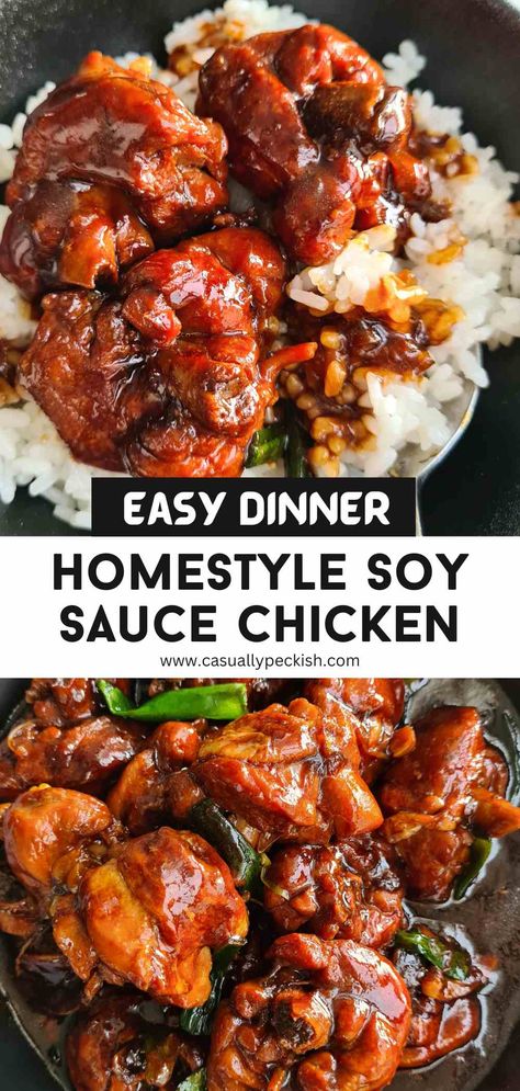 Close up of glossy soy sauce chicken with captions Soy Braised Chicken, Cheap Asian Meals On A Budget, 2024 Diet, Homemade Soy Sauce, Chicken Big, Braising Recipes, Man Recipes, Recipes With Soy Sauce, Soy Sauce Chicken