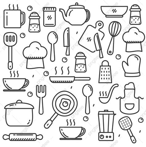 Kitchen Tools Illustration, Utensils Drawing, Tato Suku, Cooking Icon, Recipe Book Design, Cooking Design, Symbol Drawing, Zestaw Ikon, Arte Doodle